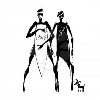 Silhouettes of surf girls. Hand drawn Vector illustration.