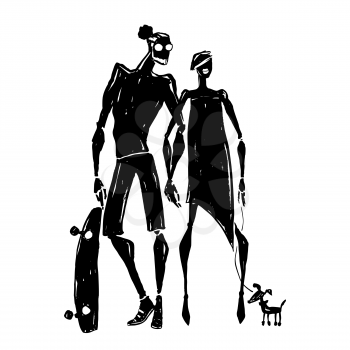 Skateboard. Silhouettes of woman and man. Couple with a dog. Hand drawn Vector illustration.