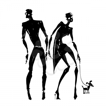 Silhouettes of woman and man. Couple with a dog. Hand drawn Vector illustration.