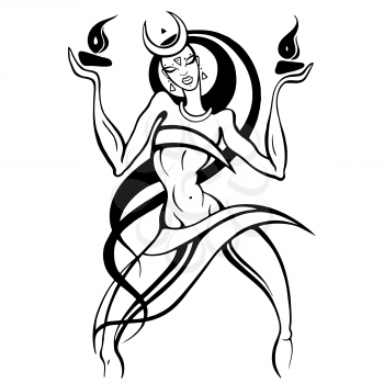 Beautiful young woman dancing with fire. Hand drawn Vector illustration, White background