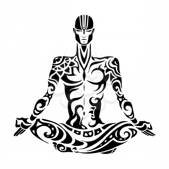 Yoga man Silhouette. Hand drawn vector illustration. Meditation in lotus pose Padmasana
