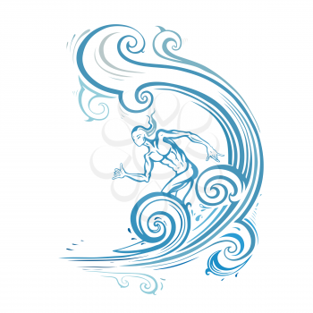 Surfer man on the wave. Prints for T-shirts. Vector hand drawn illustration.