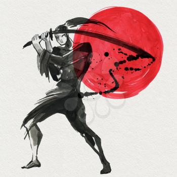 Silhouette Samurai, women in traditional clothing. Chinese style, Watercolor hand painting illustration