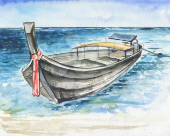 Long tail boat on tropical beach. Ocean landscape. Beautiful watercolor hand painting illustration