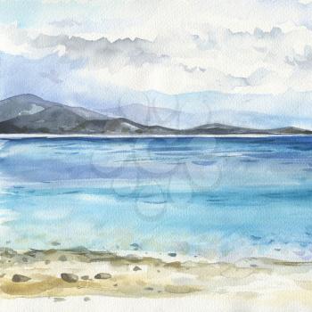 Ocean landscape, Sea side, Beach. Beautiful watercolor hand painting illustration