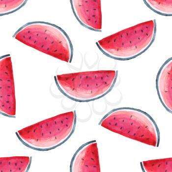 Seamless Tropical pattern of watermelon. Hand drawn watercolor background