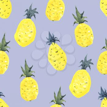 Seamless tropical pattern with pineapples. Hand drawn, hand painted watercolor illustration.