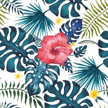 Tropical seamless pattern. Flowers and palm leaves. Hand drawn, hand painted watercolor illustration. White background