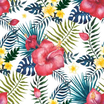 Tropical seamless pattern. Flowers and palm leaves. Hand drawn, hand painted watercolor illustration. White background