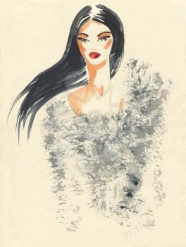 Fashion woman model. Beautiful girl. Vintage illustration. Hand drawn watercolor painting