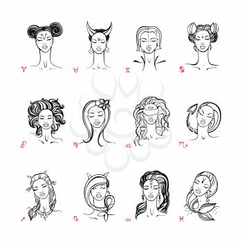 Zodiac signs collection. Beautiful fashion zodiac girl. Horoscope series. Ink hand drawn Vector illustration