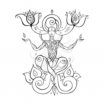 Yoga Silhouette. Hand drawn vector illustration. Meditation in lotus pose Padmasana