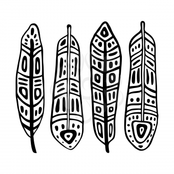 Ethnic Feathers Set. Hand drawn vector illustration. Design element