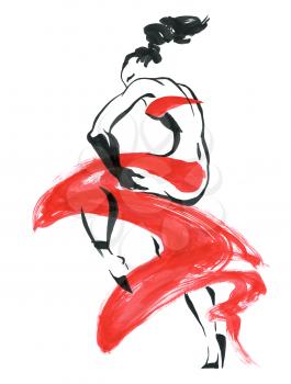 Flamenco. Beautiful Dancing Woman. Watercolor latin dancer. Ink hand painting illustration.