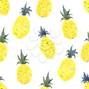 Seamless tropical pattern with pineapples. Hand drawn, hand painted watercolor illustration.