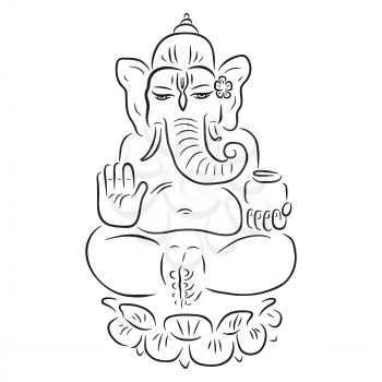 Hindu God Ganesha. Ganapati. Vector hand drawn illustration. Meditation in lotus pose