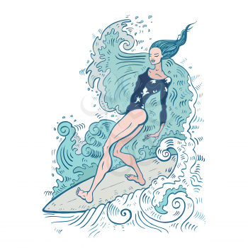 Beautiful woman on surf board. Surfer girl on the wave. Prints for T-shirts. Vector hand drawn illustration.