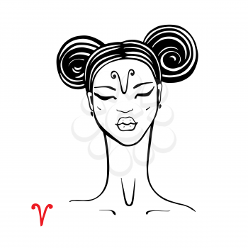 Aries. Zodiac signs collection. Beautiful Ink fashion zodiac girl. Horoscope series. Vector illustration