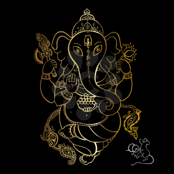 Hindu God Ganesha. Golden Ganapati. Vector hand drawn illustration. Meditation in lotus pose