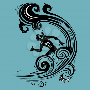 Surfer man on the wave. Prints for T-shirts. Vector hand drawn illustration.