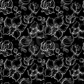 Floral pattern with Orchids. Hand drawn illustration. Seamless background