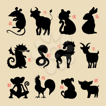 Chinese zodiac. Set of zodiac signs. Hand drawn illustration, cartoon style. Vector Horoscope animals.