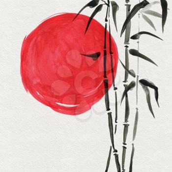 Bamboo in Japanese painting, sumi-e style. Traditional watercolor hand drawn illustration