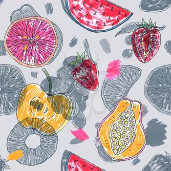 Tropical vegeterian pattern of exotic fruit. Hand drawn food design