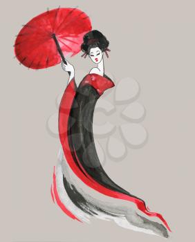 Geisha, women in traditional clothing. Chinese style, Watercolor hand painting illustration