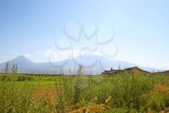 Royalty Free Photo of the Ancient Khor Virap Church and Mount Ararat