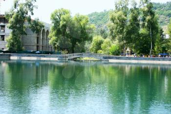 Royalty Free Photo of a Building by a Lake in Jermuk, Armenia
