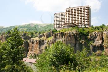Royalty Free Photo of a Building on the Rocks in Jermuk, Armenia