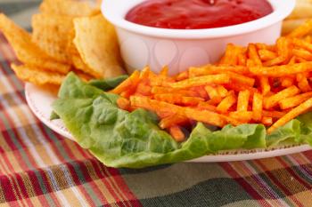 Potato chips,  red sauce and lettuce leaf isolated on colorful tablecloth.