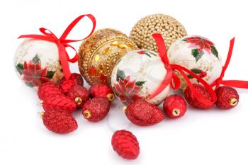 Christmas balls and cones isolated on white background.