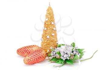 Christmas candle, flowers and cones isolated on white background.