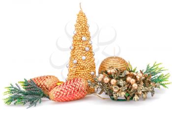 Christmas candles and toys isolated on white background.