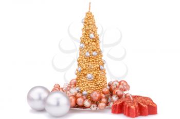 Christmas candles and balls isolated on white background.
