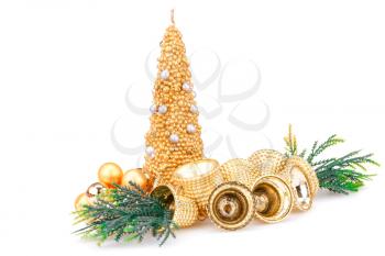 Christmas candle, bells and  decoration  isolated on white background.