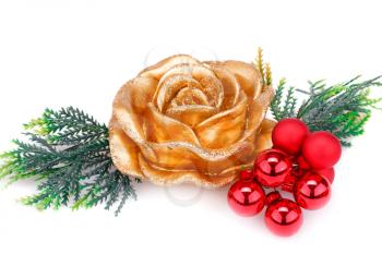Christmas candle, balls and  fir tree branch isolated on white background.