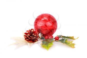 Christmas ball, cone and holy berry isolated on white background.