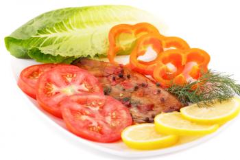 Smoked fish with fresh vegetables and lemon isolated on white background.