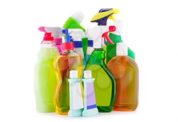 Chemical cleaning supplies isolated on white background.