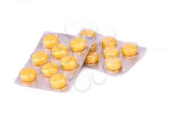 Packings of pills isolated on white background.