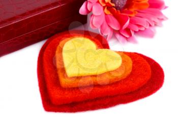 Colorful hearts, daisy flower and gift box on white background.