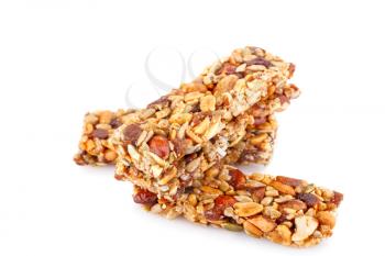 Cereal bars with different nuts isolated on white background.