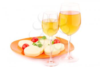 Wine, cheese and tomatoes isolated on white background.