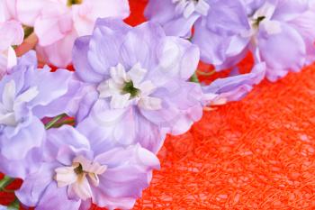 Pink fabric flowers on red background, closeup picture.