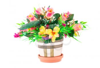 Colorful fabric flowers in vase isolated on white background.