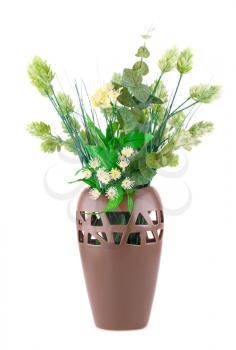 Plants and flowers in long brown vase isolated on white background.