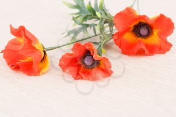 Red fabric poppies on canvas background.